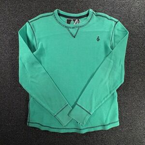 Volcom Slammed LS Thermal Shirt Men S Teal Waffle Knit Logo Asymmetrical Stitch